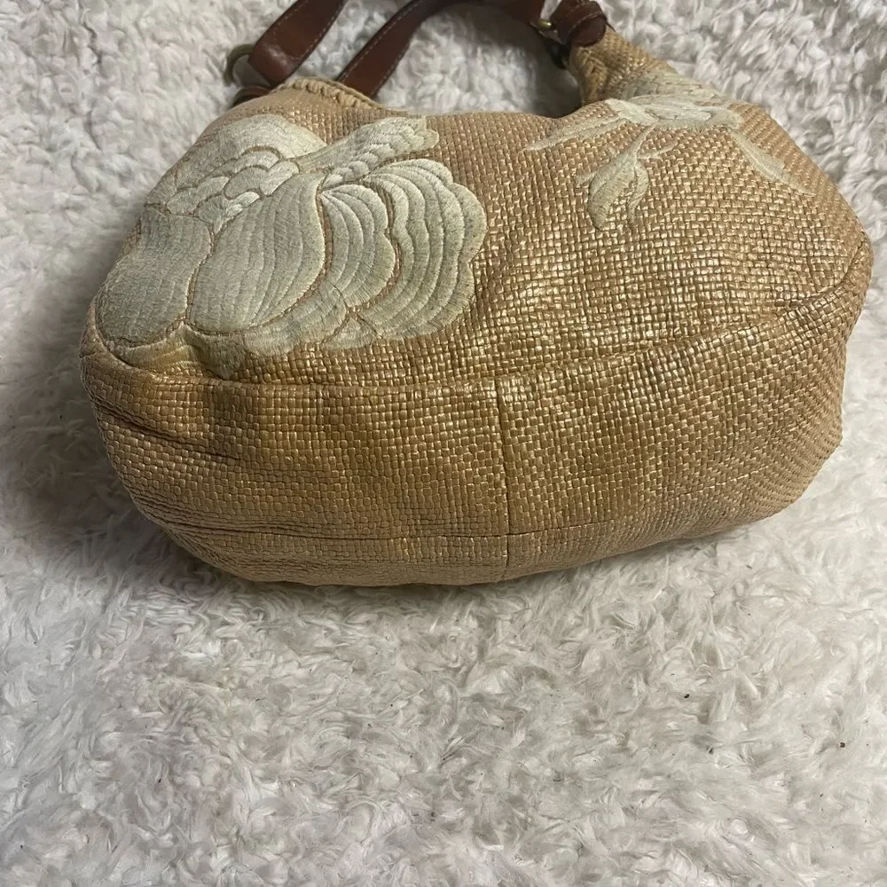 Forth & Towne Cognac synthetic woven Satchel beige embroidery tan leather straps